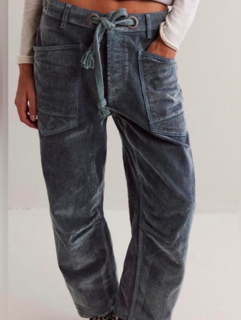 We The Free Moxie Flocked Pull-On Barrel Jeans Mountain Green Size 27